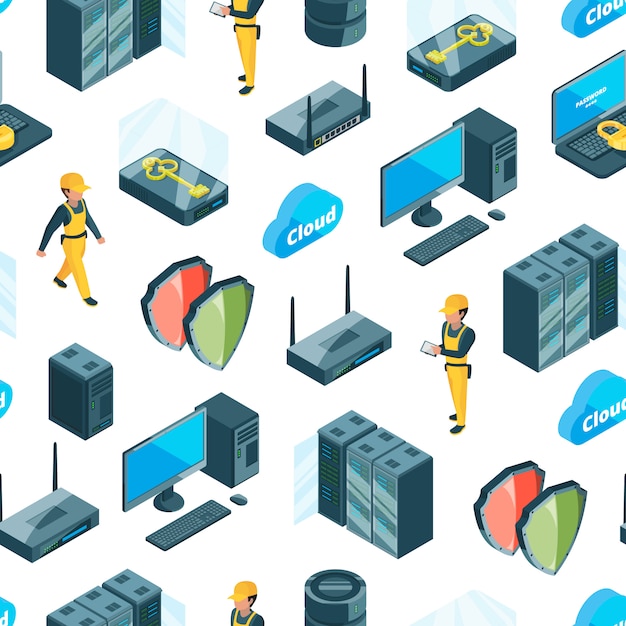 Sistema electrónico de iconos de centro de datos patrón o ilustración Vector Premium