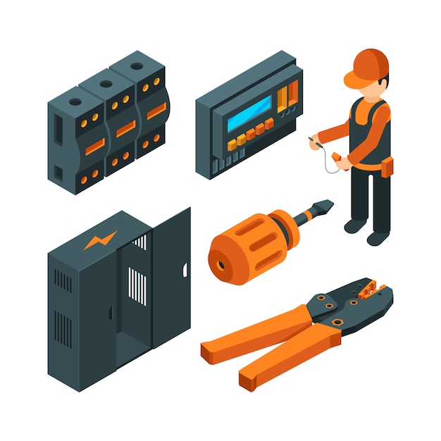 Sistemas Electricos Isometricos Trabajador Electricista Con Herramientas Electricas Industriales Para Reparacion Y Configuracion Vector Premium