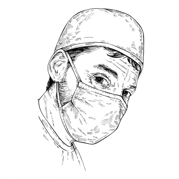 Sketch surgeon. doctor con gorro y mascarilla médica. dibujado a mano