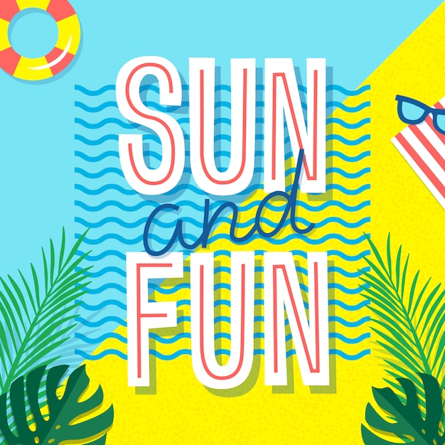 Sol y diversión. cartel de verano impresión tropical con texto y elementos de vacaciones: hojas de palma, gafas de sol y círculo de natación. Vector Premium