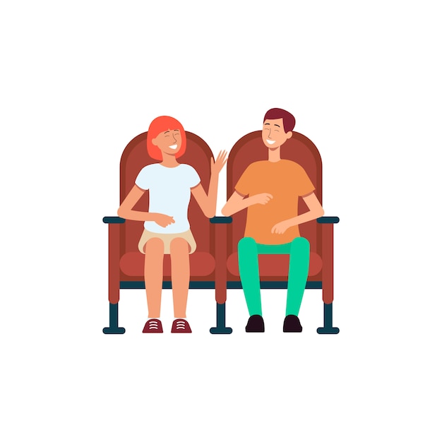 Sonriente Pareja Sentada En Sillas De Cine Estilo De Dibujos Animados Vector Premium