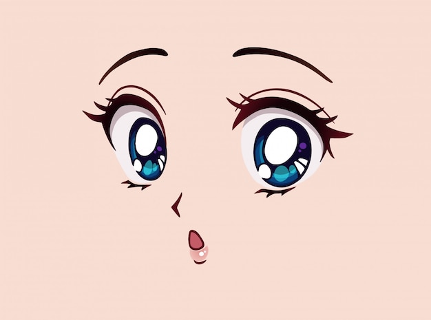 Sorprendido Rostro De Anime Estilo Manga Grandes Ojos Azules Nariz Pequena Y Boca Kawaii Dibujado A Mano Ilustracion De Dibujos Animados Vector Premium