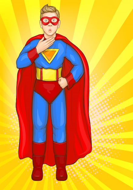 Superman chico en traje de superhéroe, niño poder vector gratuito