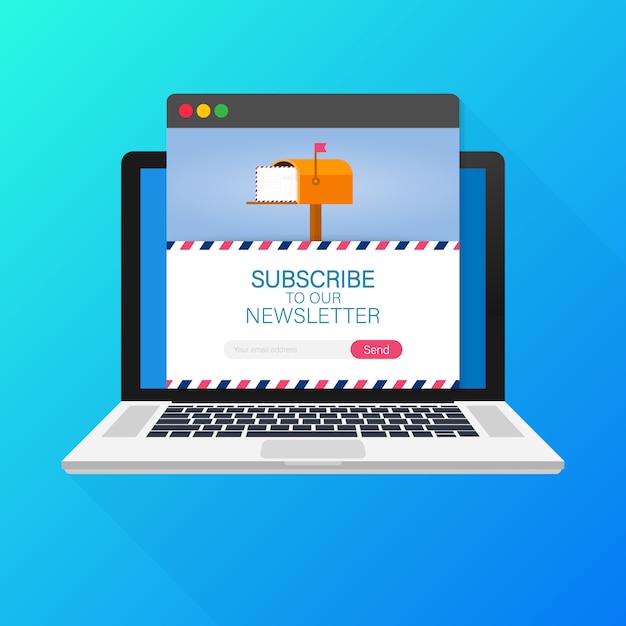 Suscripción por correo electrónico, plantilla de boletín en línea con el buzón de correo y botón de envío en la pantalla del portátil. Vector Premium