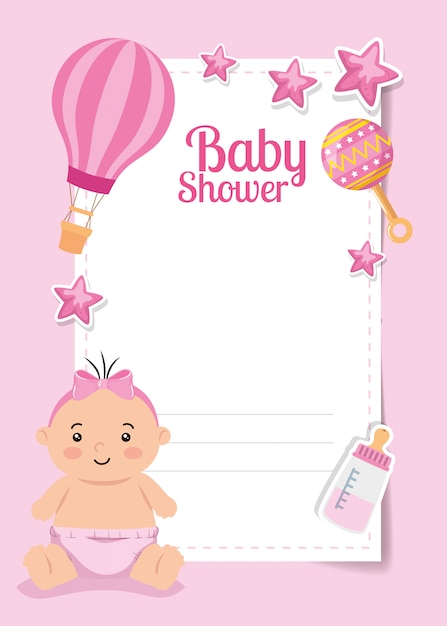 Tarjeta de baby shower con niña linda y decoración ...