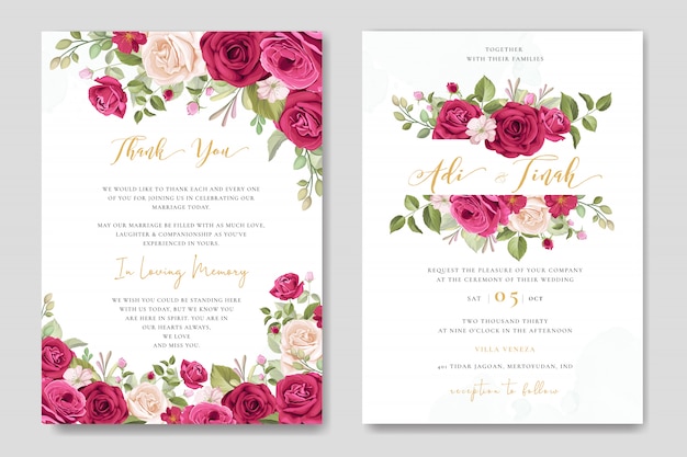Tarjeta de boda establece plantilla con hermoso fondo floral y hojas Vector Premium
