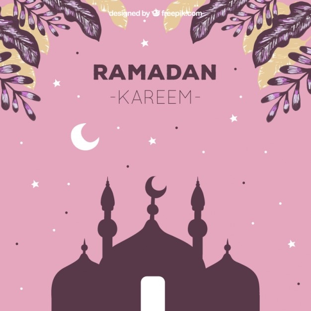 Tarjeta De Feliz Ramadan Con Mezquita Y Hojas Descargar Vectores Gratis