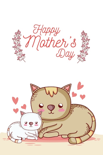 Tarjeta Del Dia De Las Madres Felices Con Dibujos Animados De Animales Lindos Vector Premium