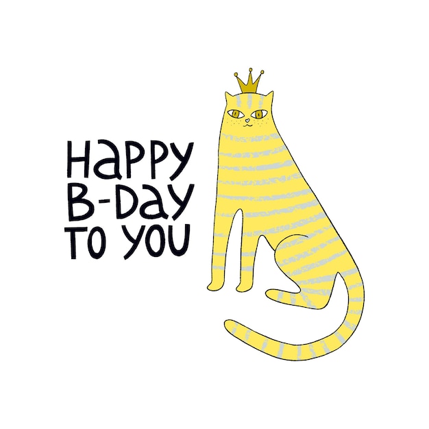 Tarjeta de felicitación de cumpleaños con lindos gatos y letras dibujadas a mano feliz