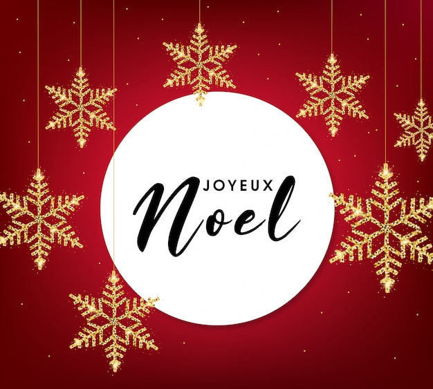 Tarjeta De Felicitacion De Joyeux Noel Con Copos De Nieve Dorados Vector Premium