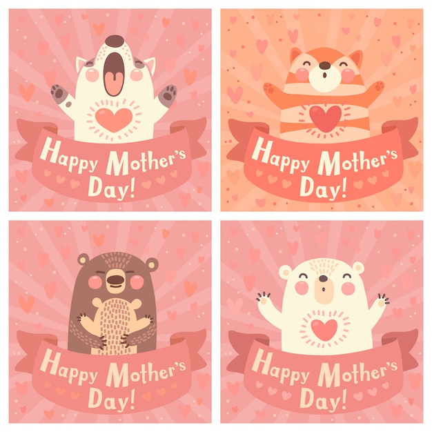 Tarjeta de felicitación para mamá con animales lindos. | Vector Premium