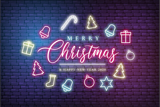 Tarjeta de felicitación moderna feliz navidad y feliz año nuevo con luces de neón vector gratuito