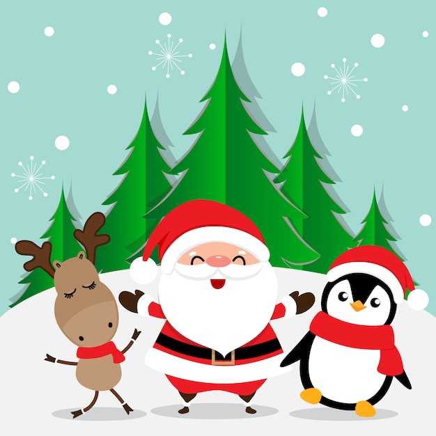Tarjeta de felicitación navideña de navidad con dibujos animados de papá  noel, reno y pingüino ilustración vectorial | Vector Premium