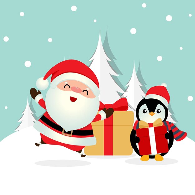 Tarjeta De Felicitación Navideña Con Santa Claus Y Pingüino Ilustración Vectorial De Dibujos 9141