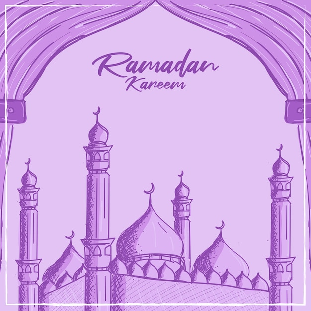 Tarjeta De Felicitación De Ramadan Kareem Con Ilustración De Mezquita Dibujada A Mano Vector 5341