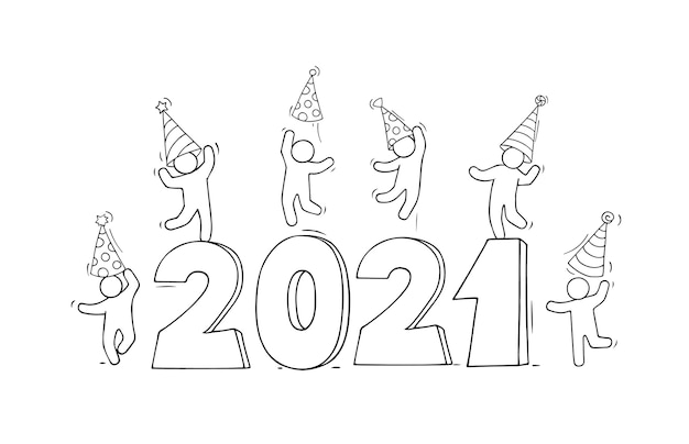 Tarjeta de feliz año nuevo 2021. ilustración de dibujos animados doodle