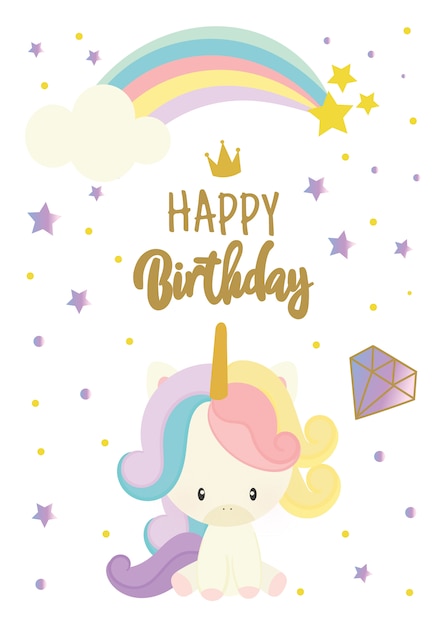 Tarjeta del feliz cumpleaños con lindo unicornio | Vector Premium