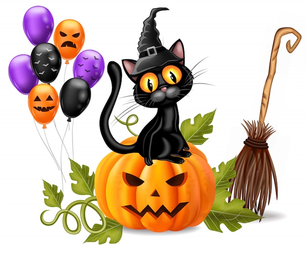 Tarjeta De Halloween Con Gato Negro Sentado En Una Calabaza Vector Premium