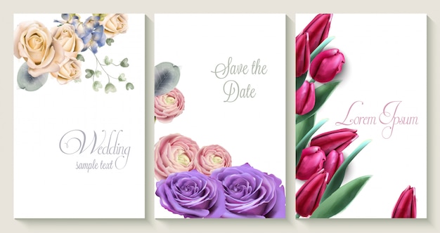 Tarjeta de invitación de boda de vector con rosas y flores de tulipán Vector Premium