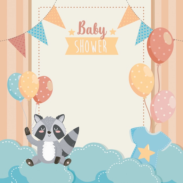 Tarjeta de lindo mapache con globos y nubes vector gratuito