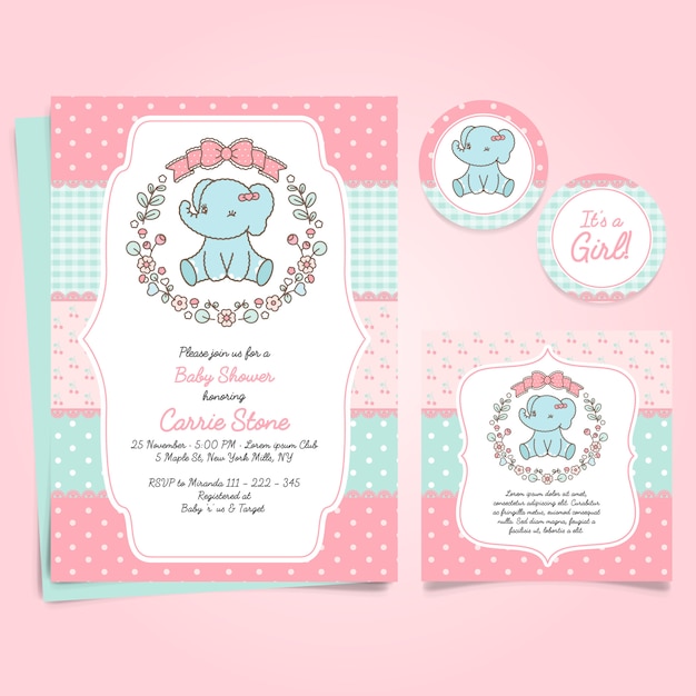 Tarjeta Rosa Para Baby Shower Con Un Lindo Elefante Vector Premium