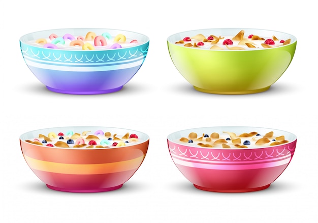 Tazones de desayuno con diferentes aperitivos de cereales de leche. conjunto Vector Premium