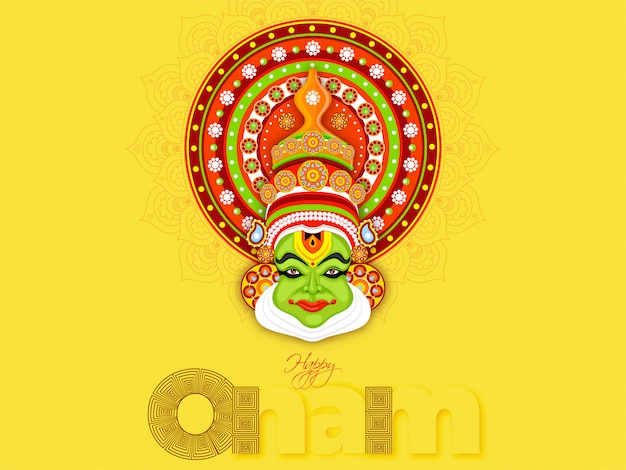 Texto con estilo happy onam e ilustración de kathakali dancer face sobre fondo amarillo Vector Premium