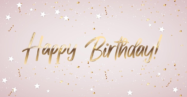 Texto de feliz cumpleaños dorado brillante con confeti | Vector Premium