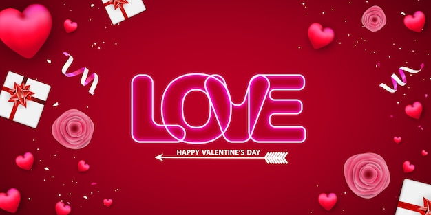 Texto de neón del día de tarjeta del día de san valentín en fondo. Vector Premium