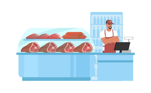 Tienda de carne ilustración vectorial plana vendedor de pie en el