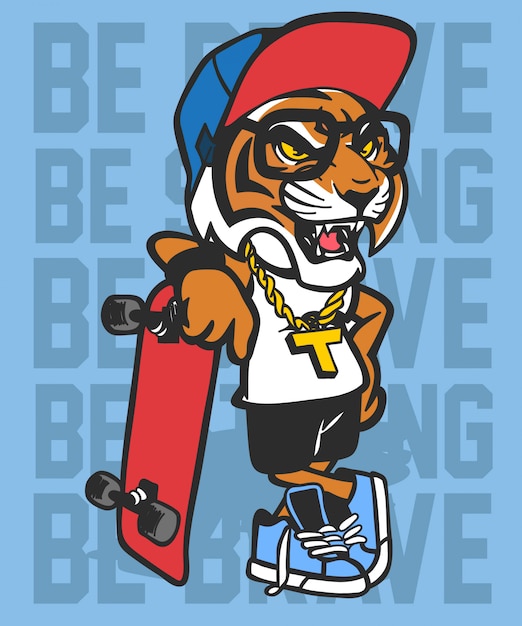 Tigre fresco patinaje diseño vectorial Vector Premium