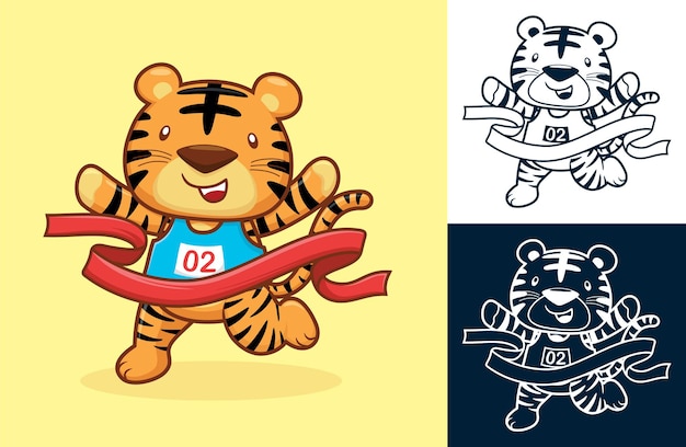 El Tigre Lindo Gana Al Cruzar La Linea De Meta Ilustracion De Dibujos Animados En Estilo De Icono Plano Vector Premium