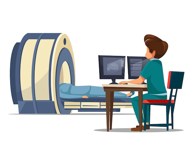 Tomografía computarizada ct o resonancia magnética proceso de escaneo del paciente mri Vector Premium