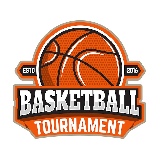 Torneo de baloncesto. plantilla de emblema con pelota de baloncesto