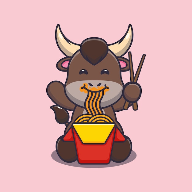 Toro lindo comiendo fideos ilustración animal de dibujos animados lindo