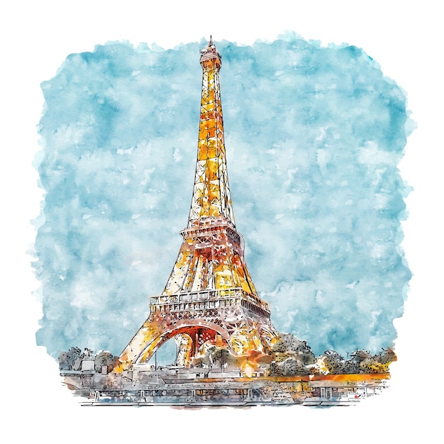 Torre Eiffel Paris Francia Acuarela Dibujo Dibujado A Mano Ilustracion Vector Premium