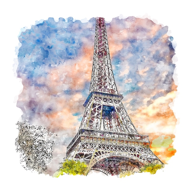 Torre Eiffel Paris Francia Acuarela Dibujo Dibujado A Mano Ilustracion Vector Premium