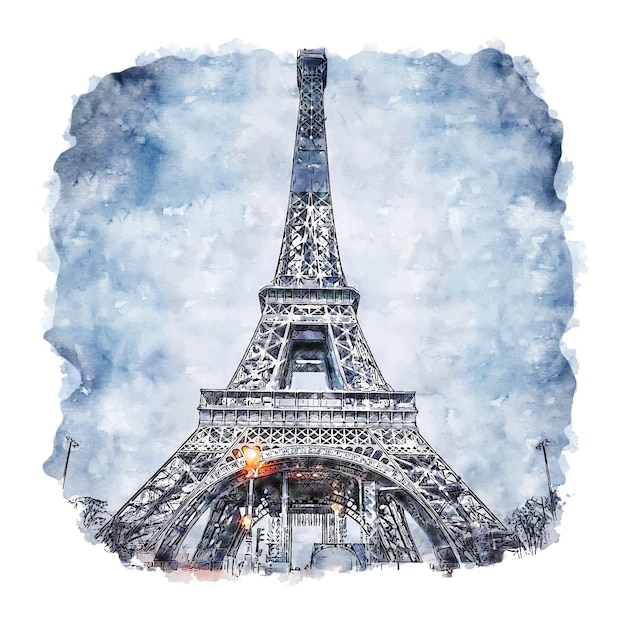 Torre Eiffel Paris Francia Acuarela Dibujo Dibujado A Mano Ilustracion Vector Premium