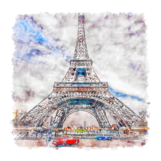 Torre Eiffel Paris Francia Acuarela Dibujo Dibujado A Mano Ilustracion Vector Premium