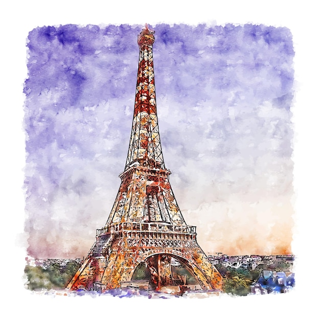 Torre Eiffel Paris Francia Acuarela Dibujo Dibujado A Mano Ilustracion Vector Premium