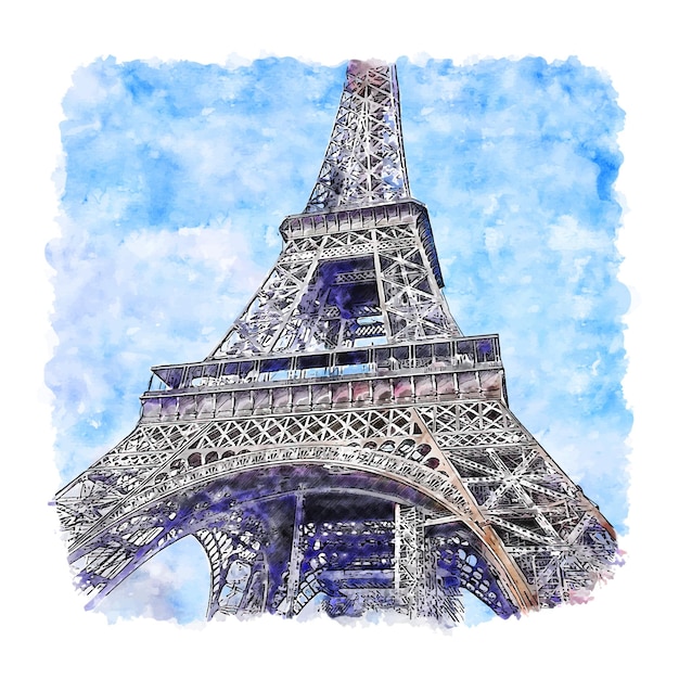 Torre Eiffel Paris Francia Acuarela Dibujo Dibujado A Mano Vector Premium