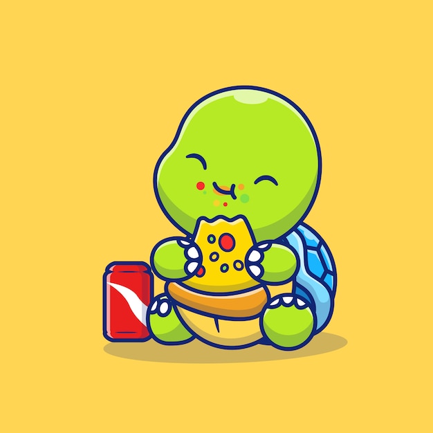 Tortuga Linda Que Come La Pizza Con El Ejemplo Del Icono De La Historieta De La Soda Concepto De Icono De Comida Animal Aislado Premium Estilo De Dibujos Animados Plana Vector