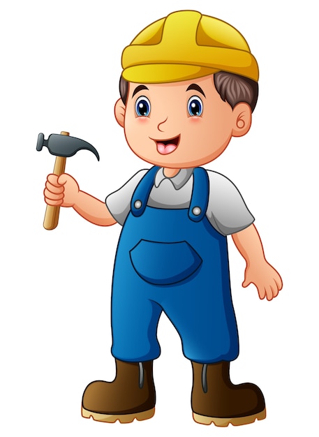 Trabajador De La Construcción De Dibujos Animados Con Martillo Vector