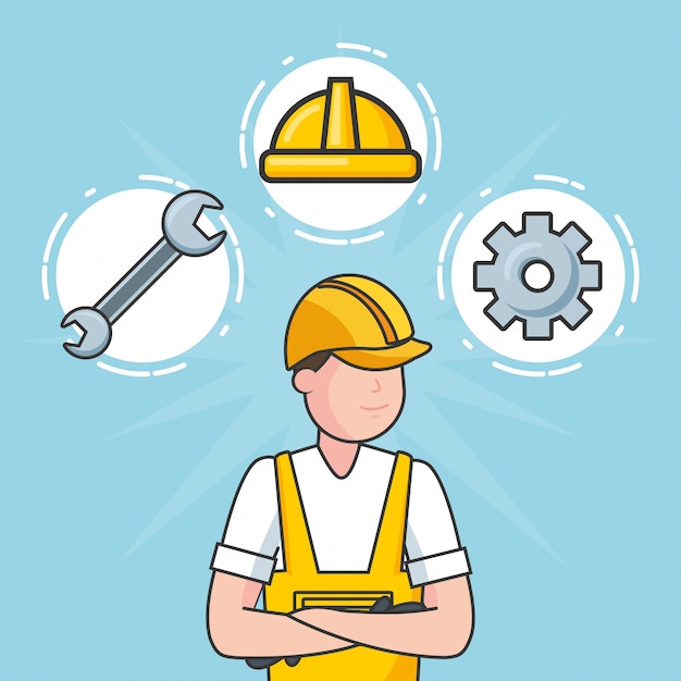 Trabajador Con Objetos De Construcción Ilustración Vector Gratis