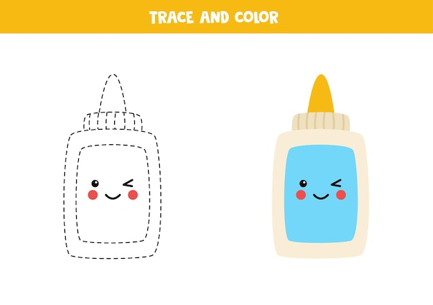 Traza y colorea el lindo pegamento kawaii hoja de trabajo para niños Vector Premium