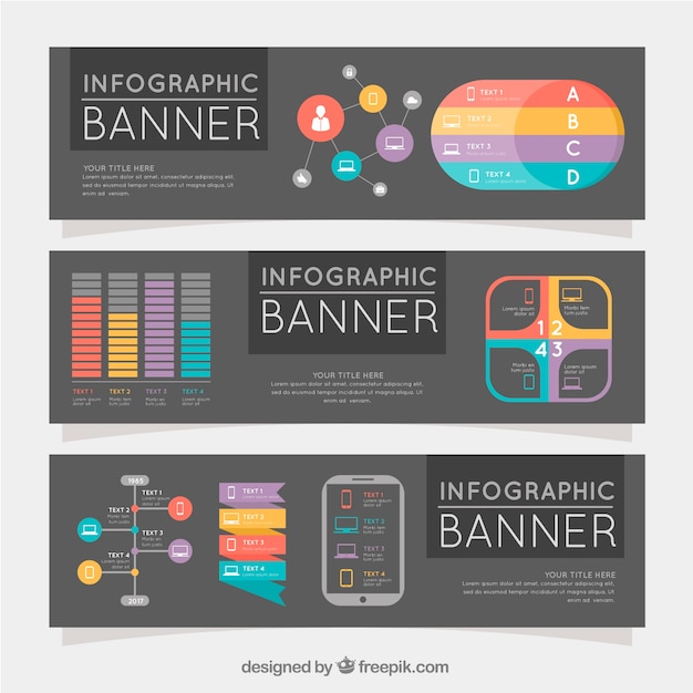 Tres banners infográficos con elementos de color Vector Gratis