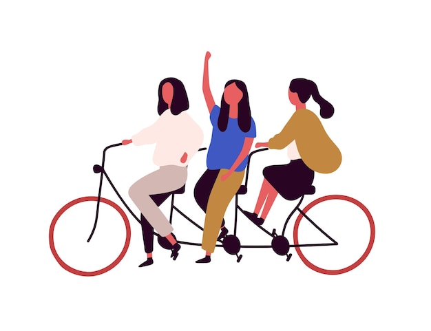 Tres Chicas Montando Bicicleta Tándem Ilustración Vectorial Plana Personajes De Dibujos 