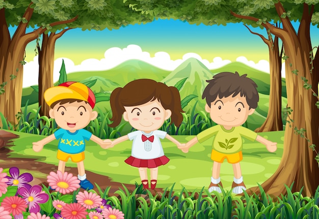 Tres Niños En El Bosque Vector Gratis