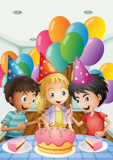 Tres Niños Celebrando Un Cumpleaños | Vector Gratis