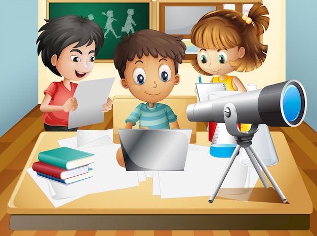 Tres niños trabajando en grupo en la escuela | Vector Premium